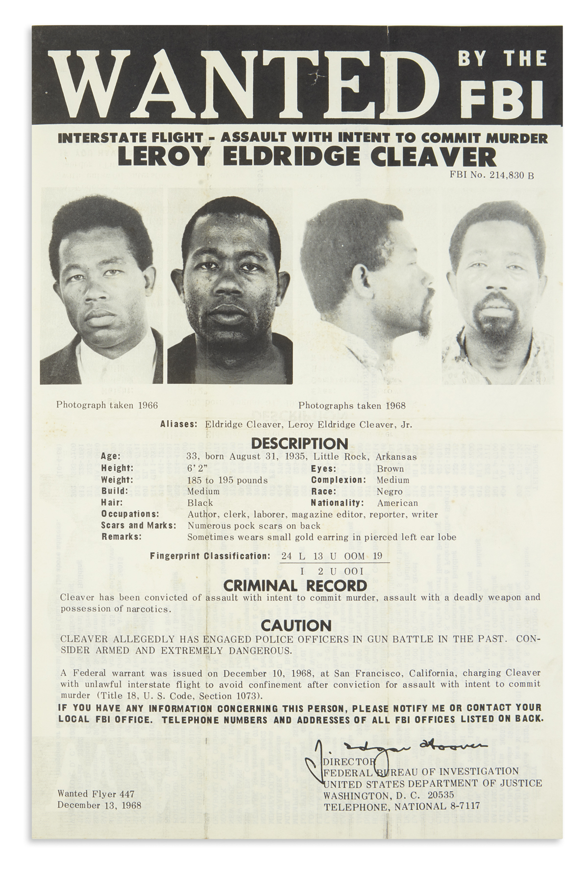 (CRIME.) Wanted by the FBI: Interstate Flight, Assault with Intent to Commit Murder--Leroy Eldridge Cleaver.